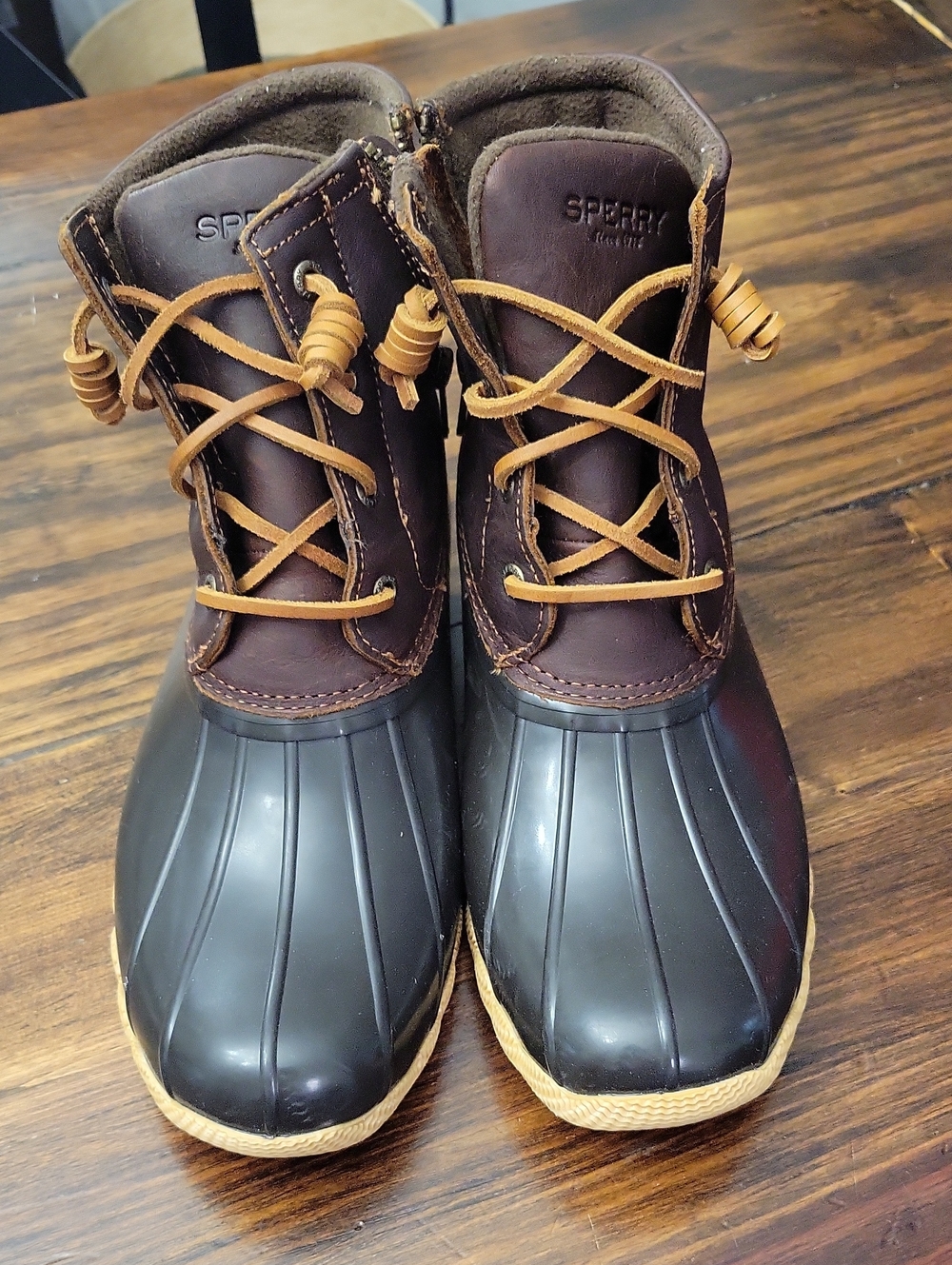 Sperry Brown Leather and Black Rubber Duck Boots with Tan Laces
